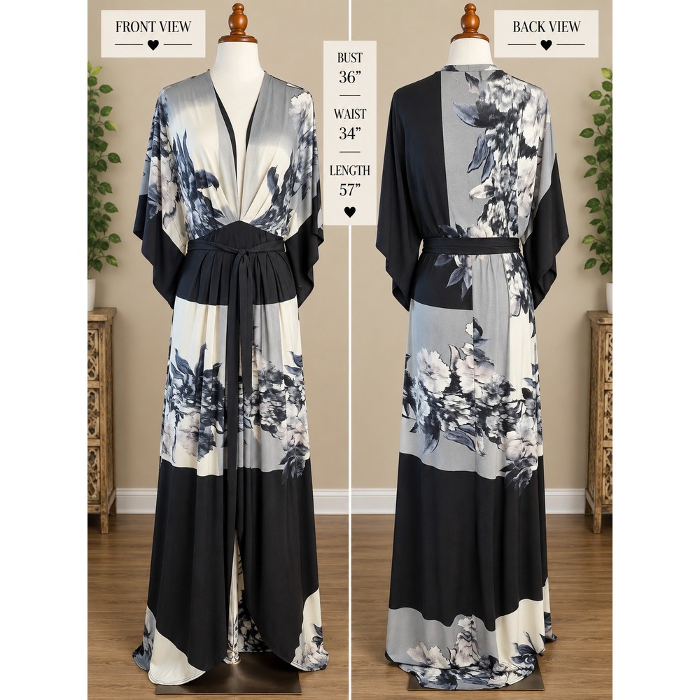 ABS Allen Schwartz Floral Kimono Maxi Dress V-Neck Large